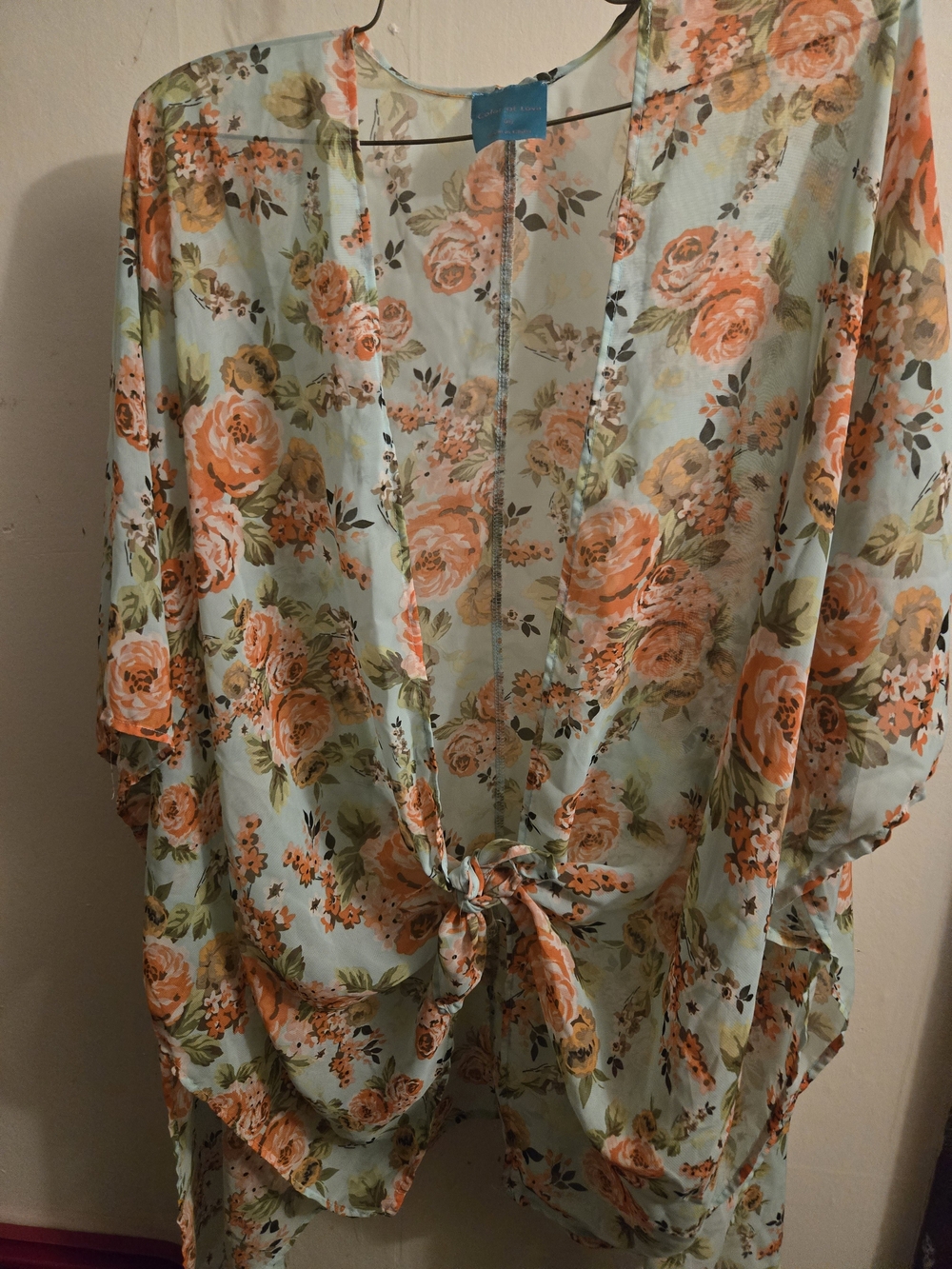 Women's Floral Tie-Front Kimono Blouse - Light Blue & Coral